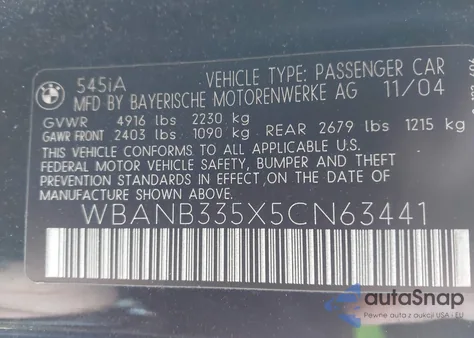 2005 BMW 545I из США, поврежденный, VIN WBANB335X5CN63441